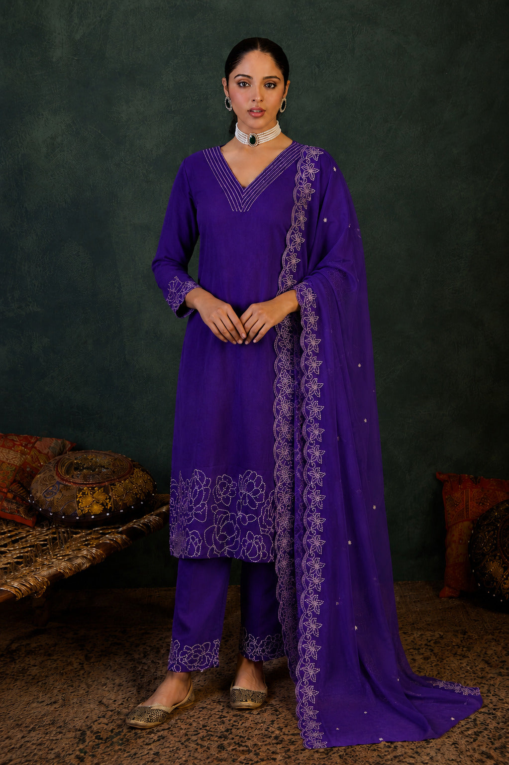 Floral Embroidered V-Neck Kurta Palazzo Set with Embroidered Wine Dupatta