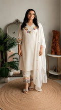 Women's Ivory Floral Embroidered Straight Kurta Pant Set with Soft Organza Dupatta | Premium Festive & Casual Ethnic Wear