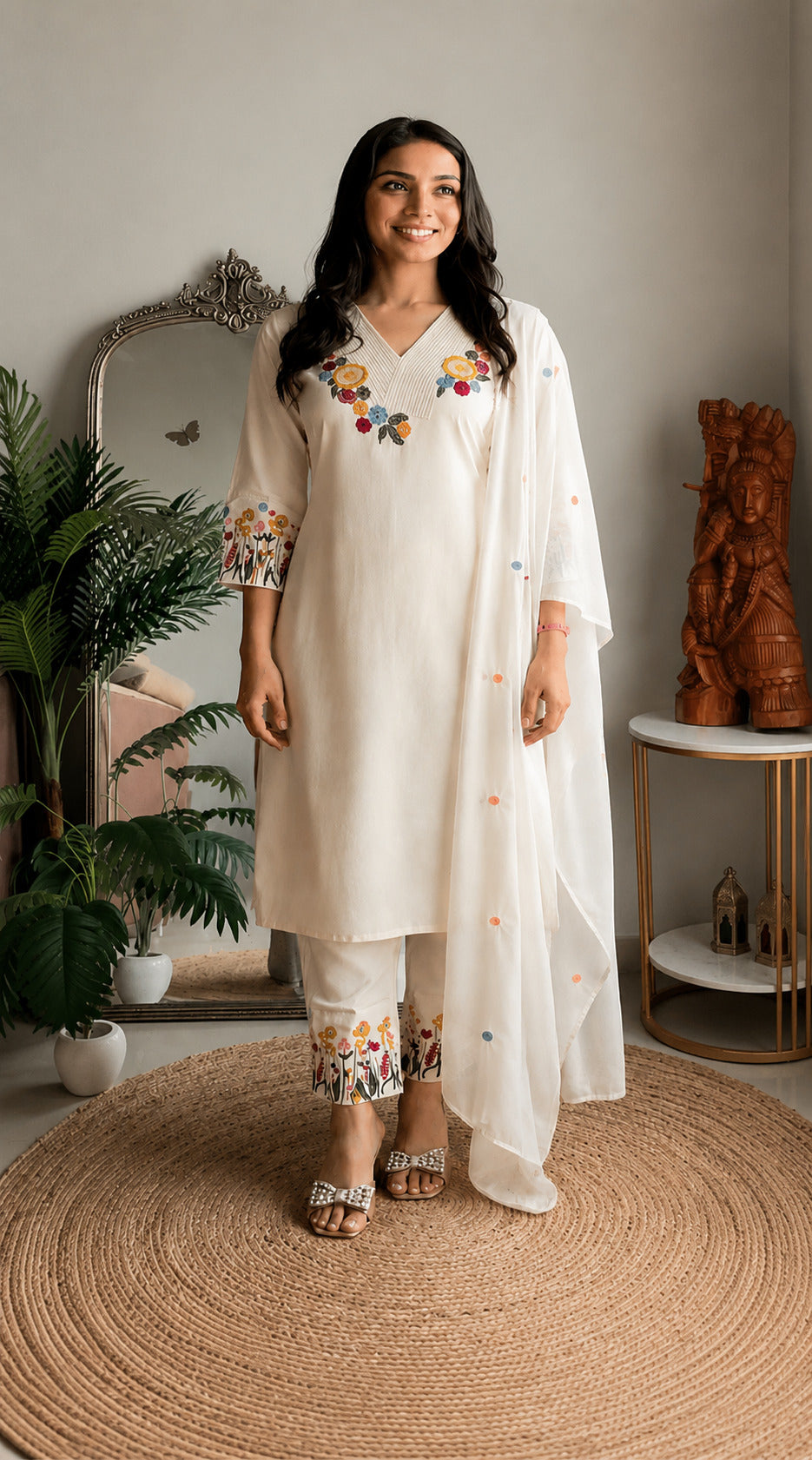 Women's Ivory Floral Embroidered Straight Kurta Pant Set with Soft Organza Dupatta | Premium Festive & Casual Ethnic Wear