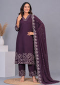 Floral Embroidered V-Neck Kurta Palazzo Set with Embroidered Purple Dupatta
