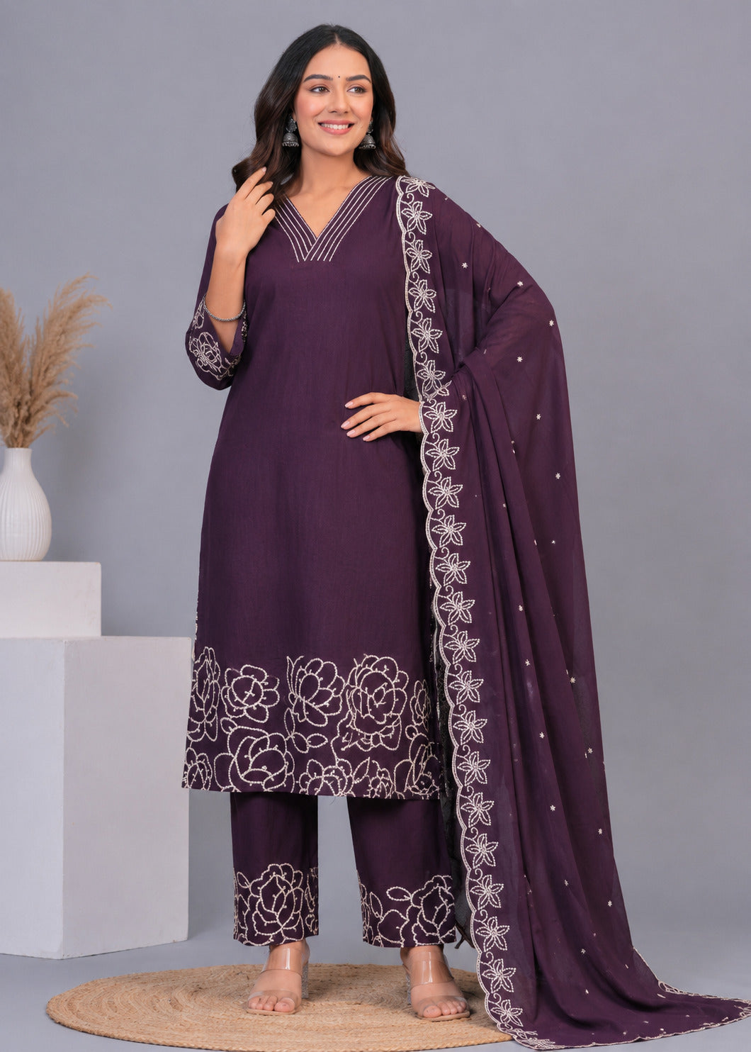Floral Embroidered V-Neck Kurta Palazzo Set with Embroidered Purple Dupatta
