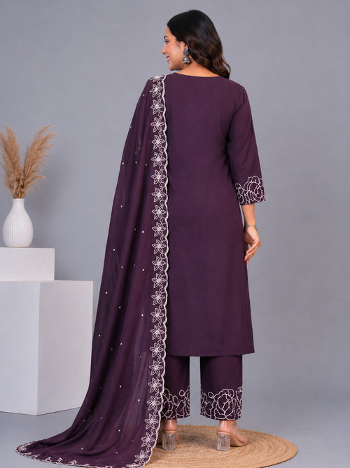 Floral Embroidered V-Neck Kurta Palazzo Set with Embroidered Purple Dupatta