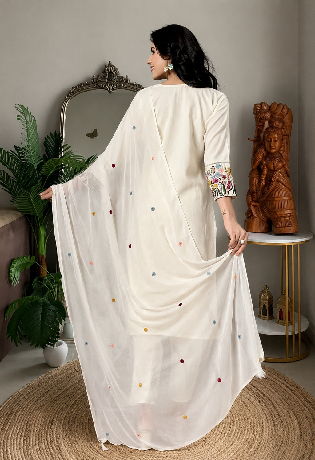 Women's Ivory Floral Embroidered Straight Kurta Pant Set with Soft Organza Dupatta | Premium Festive & Casual Ethnic Wear