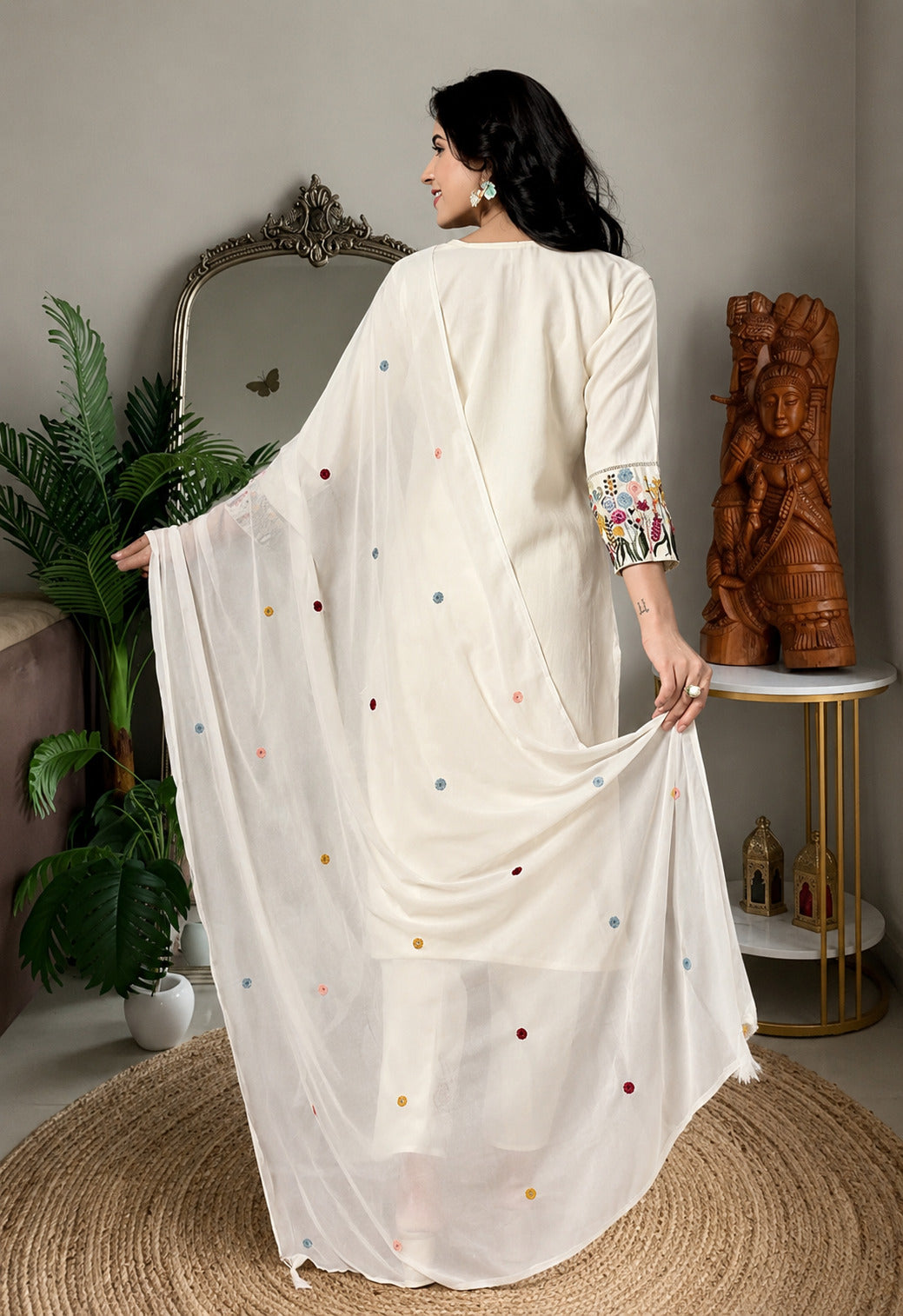 Women's Ivory Floral Embroidered Straight Kurta Pant Set with Soft Organza Dupatta | Premium Festive & Casual Ethnic Wear