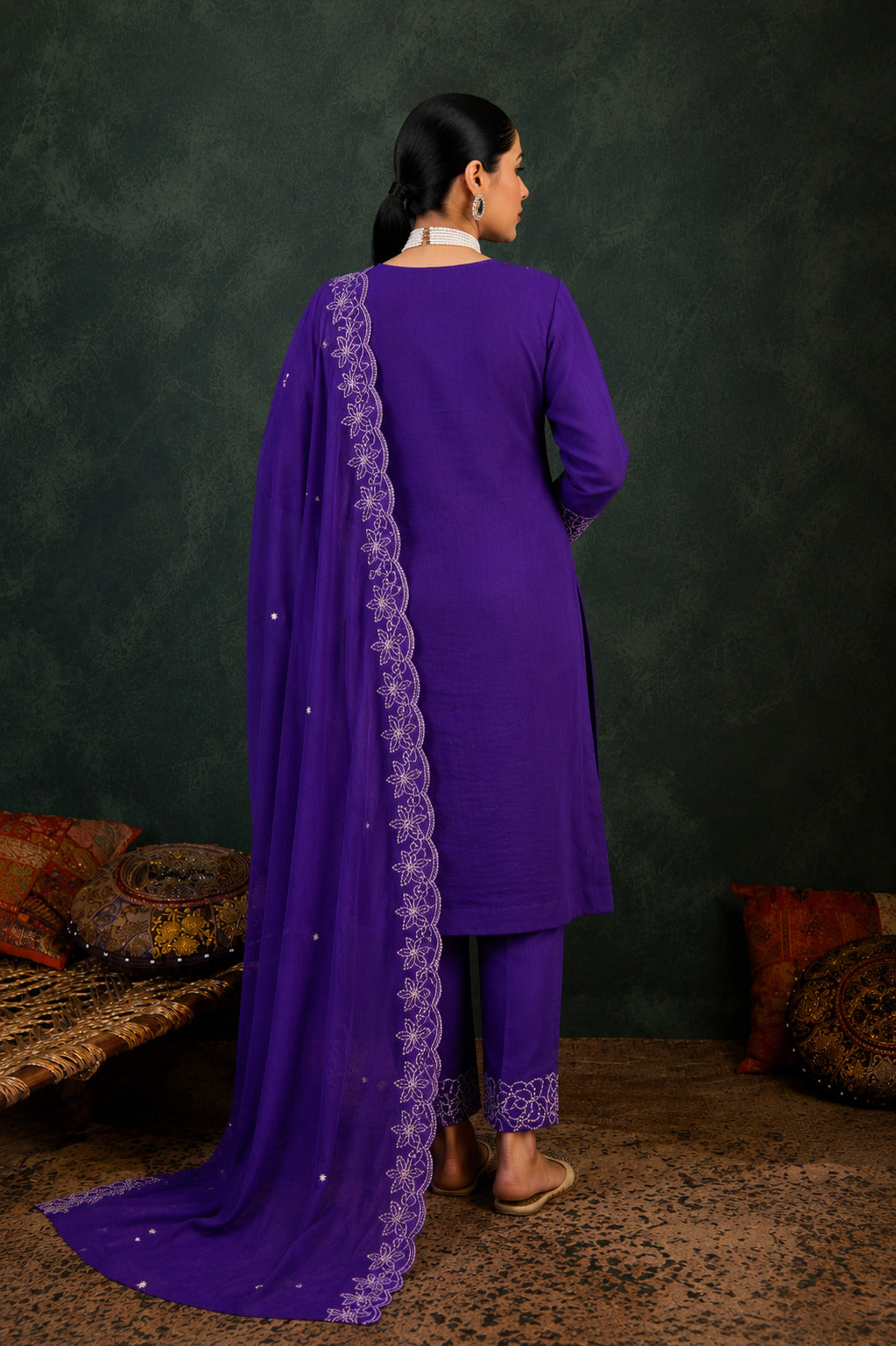 Floral Embroidered V-Neck Kurta Palazzo Set with Embroidered Wine Dupatta