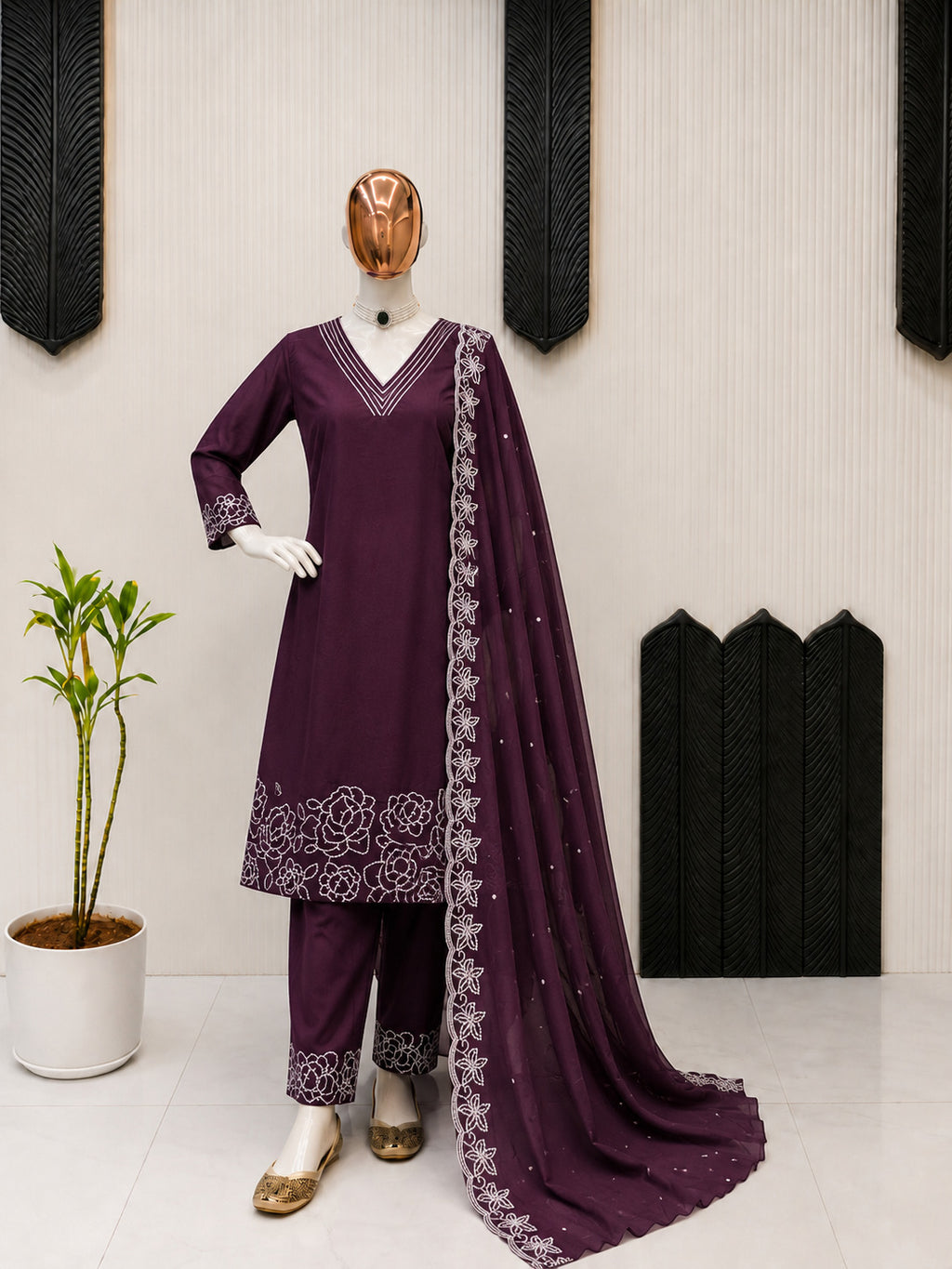Floral Embroidered V-Neck Kurta Palazzo Set with Embroidered Purple Dupatta