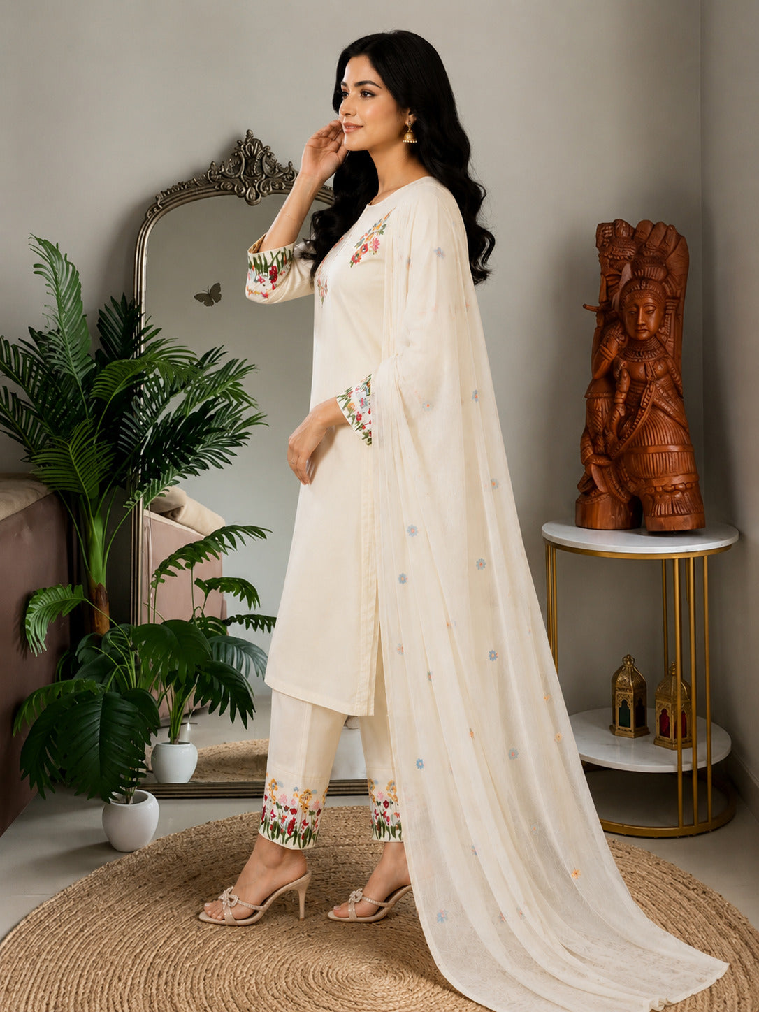 Women's Ivory Floral Embroidered Straight Kurta Pant Set with Soft Organza Dupatta | Premium Festive & Casual Ethnic Wear