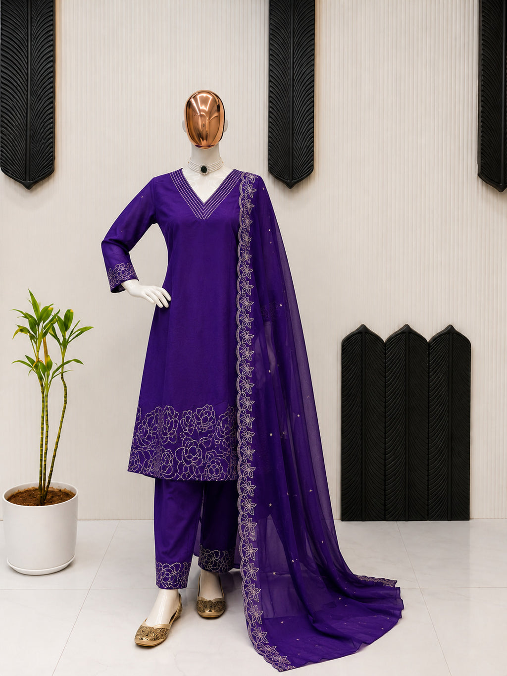 Floral Embroidered V-Neck Kurta Palazzo Set with Embroidered Wine Dupatta