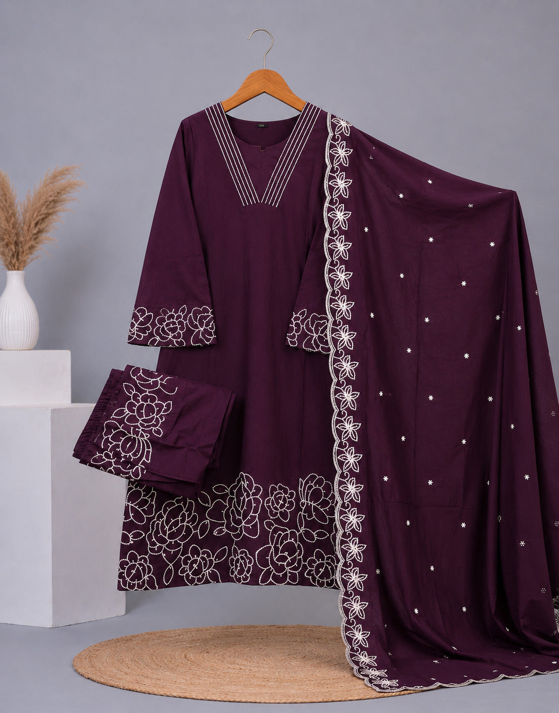 Floral Embroidered V-Neck Kurta Palazzo Set with Embroidered Purple Dupatta