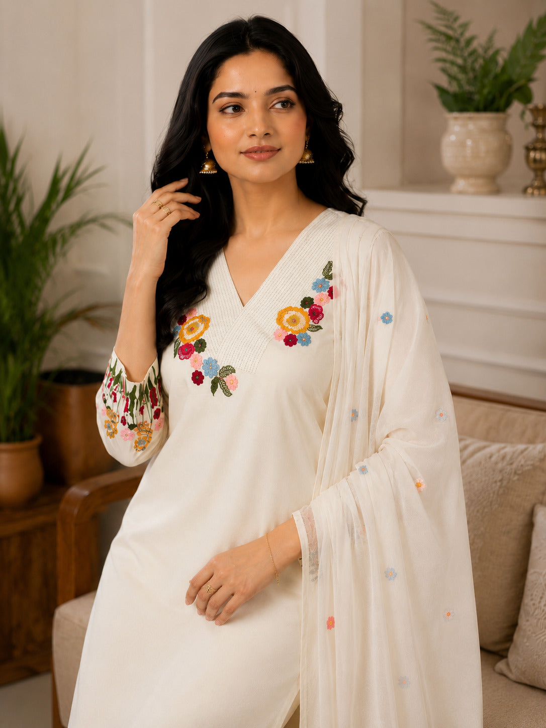Women's Ivory Floral Embroidered Straight Kurta Pant Set with Soft Organza Dupatta | Premium Festive & Casual Ethnic Wear