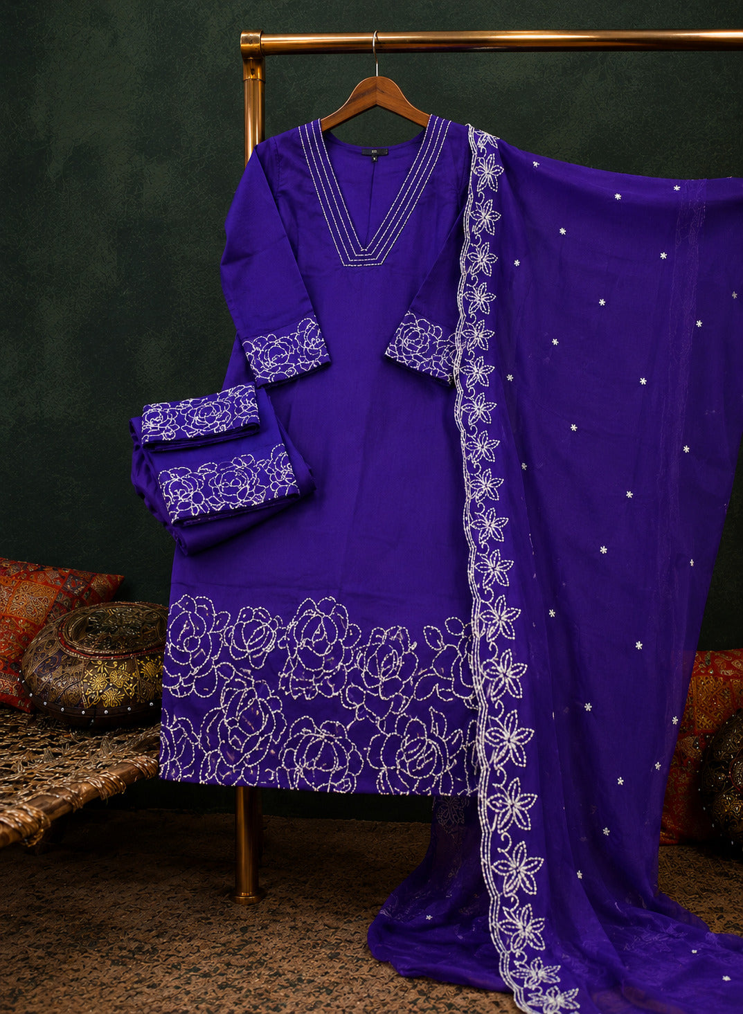 Floral Embroidered V-Neck Kurta Palazzo Set with Embroidered Wine Dupatta