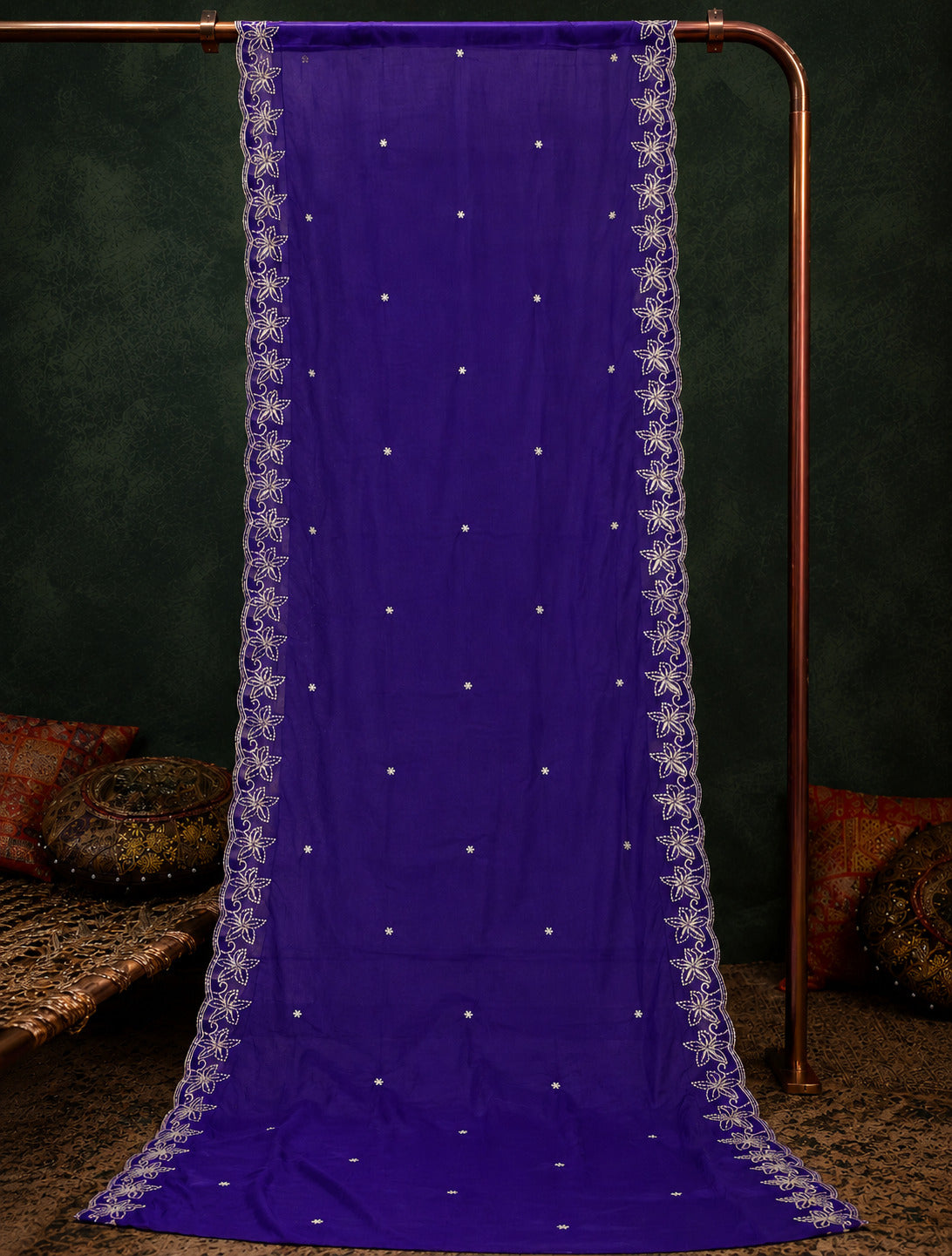 Floral Embroidered V-Neck Kurta Palazzo Set with Embroidered Wine Dupatta