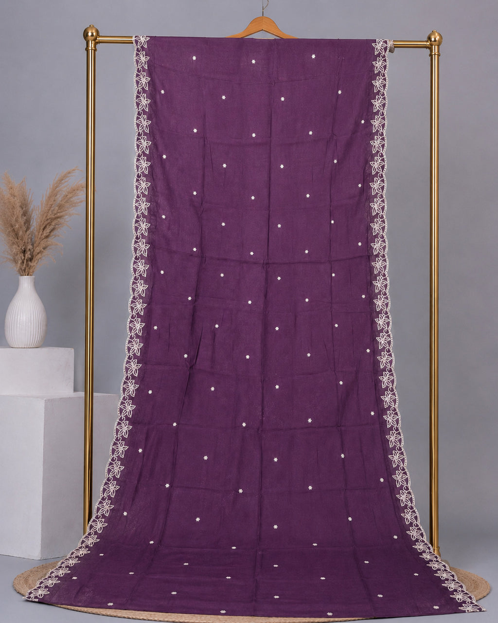 Floral Embroidered V-Neck Kurta Palazzo Set with Embroidered Purple Dupatta