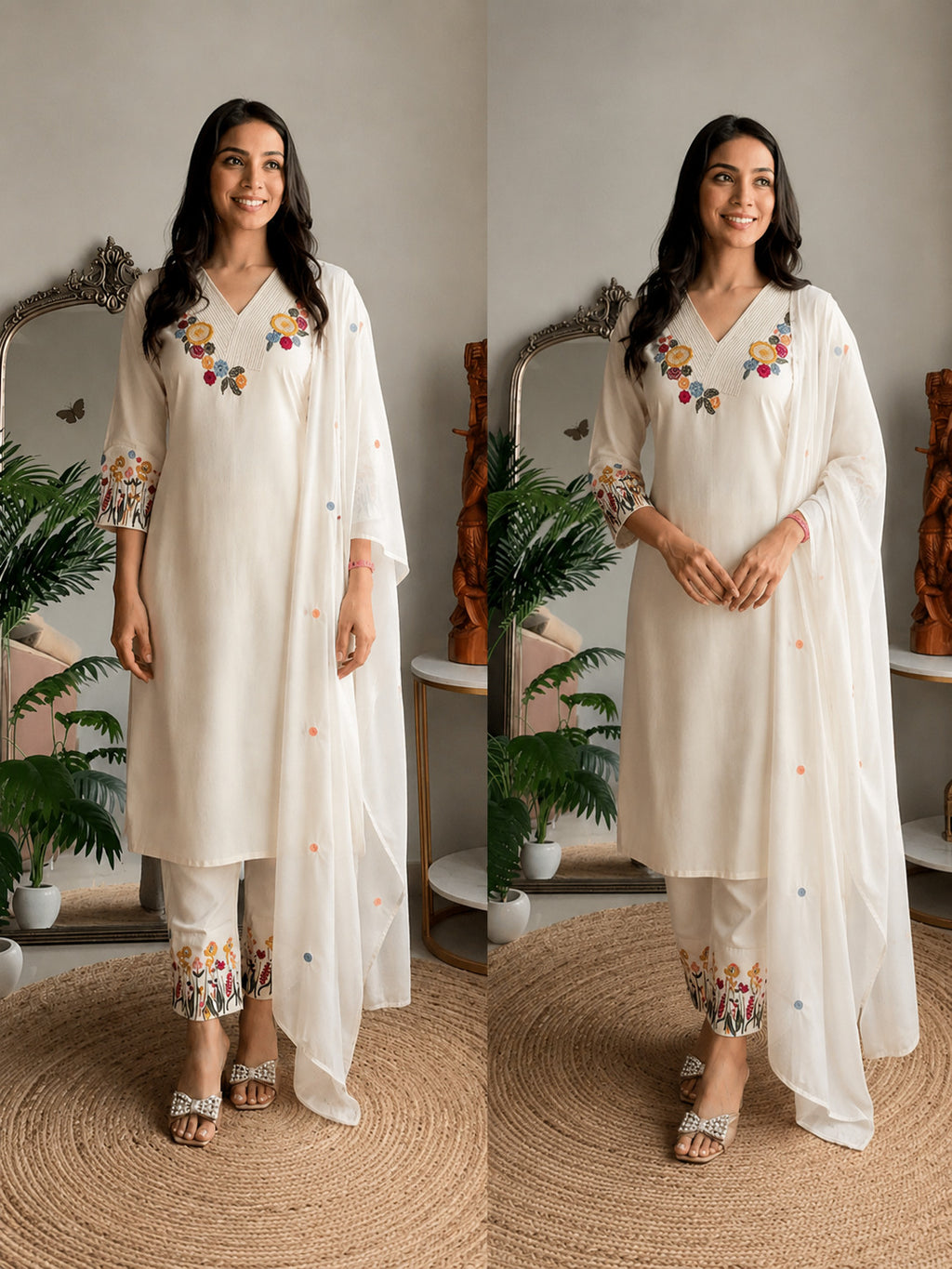 Women's Ivory Floral Embroidered Straight Kurta Pant Set with Soft Organza Dupatta | Premium Festive & Casual Ethnic Wear