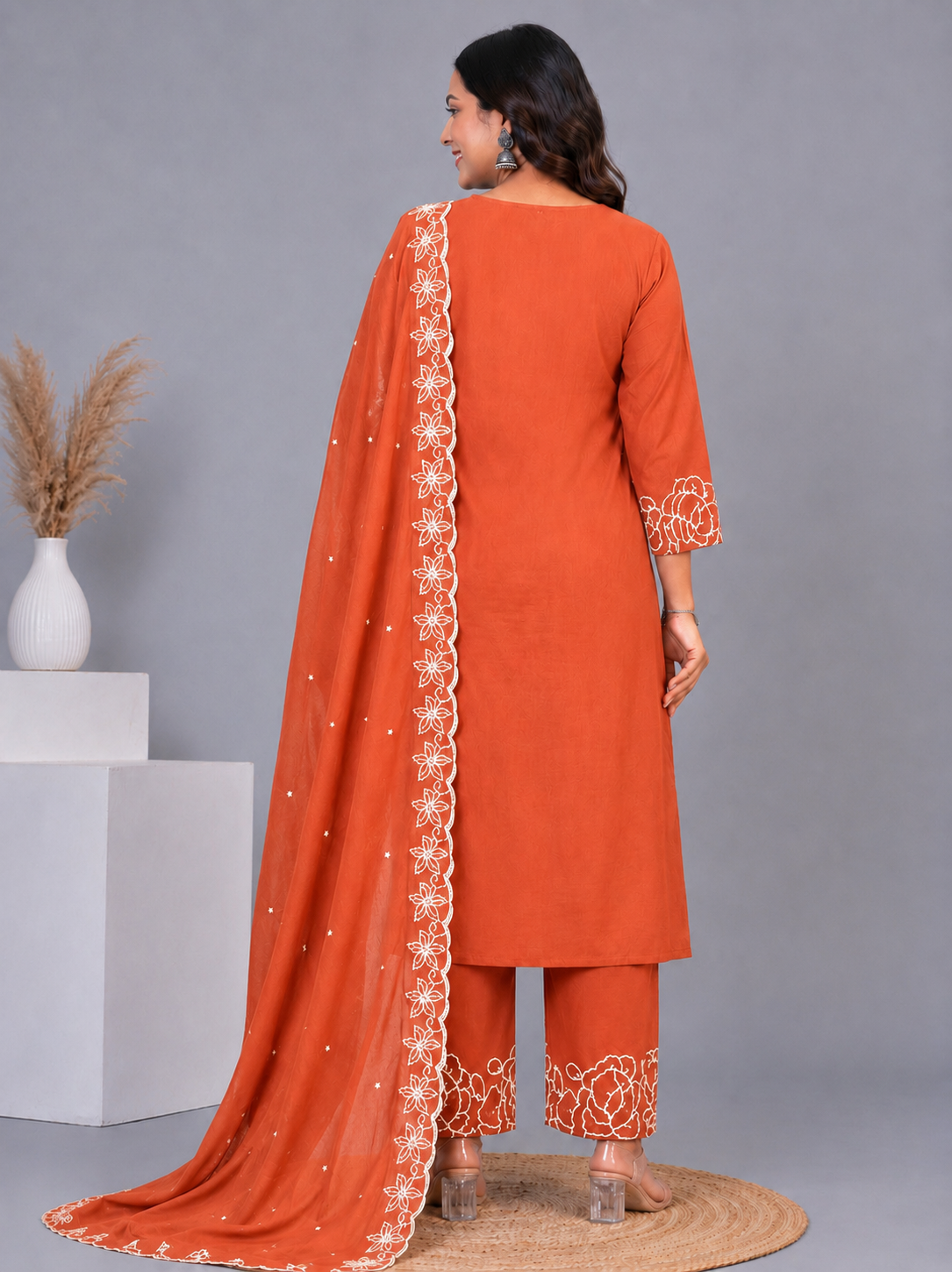 Floral Embroidered V-Neck Kurta Palazzo Set with Embroidered RustOrange Dupatta