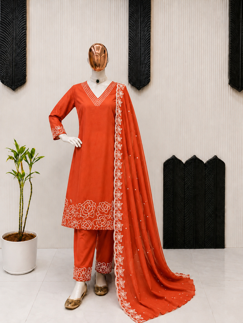 Floral Embroidered V-Neck Kurta Palazzo Set with Embroidered RustOrange Dupatta