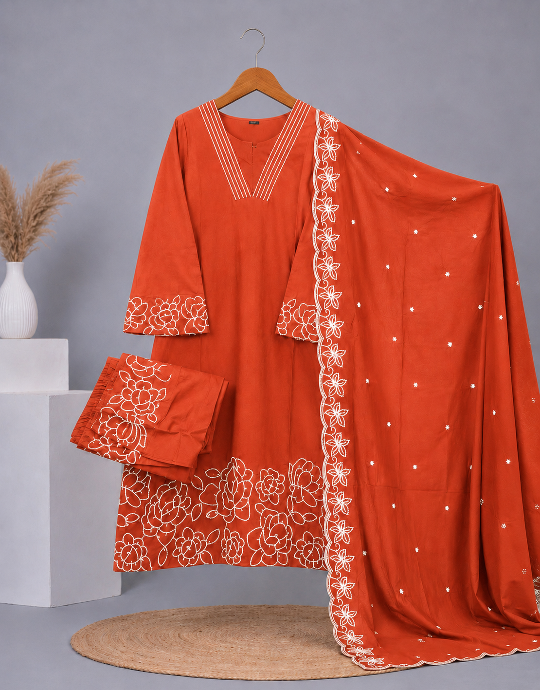 Floral Embroidered V-Neck Kurta Palazzo Set with Embroidered RustOrange Dupatta