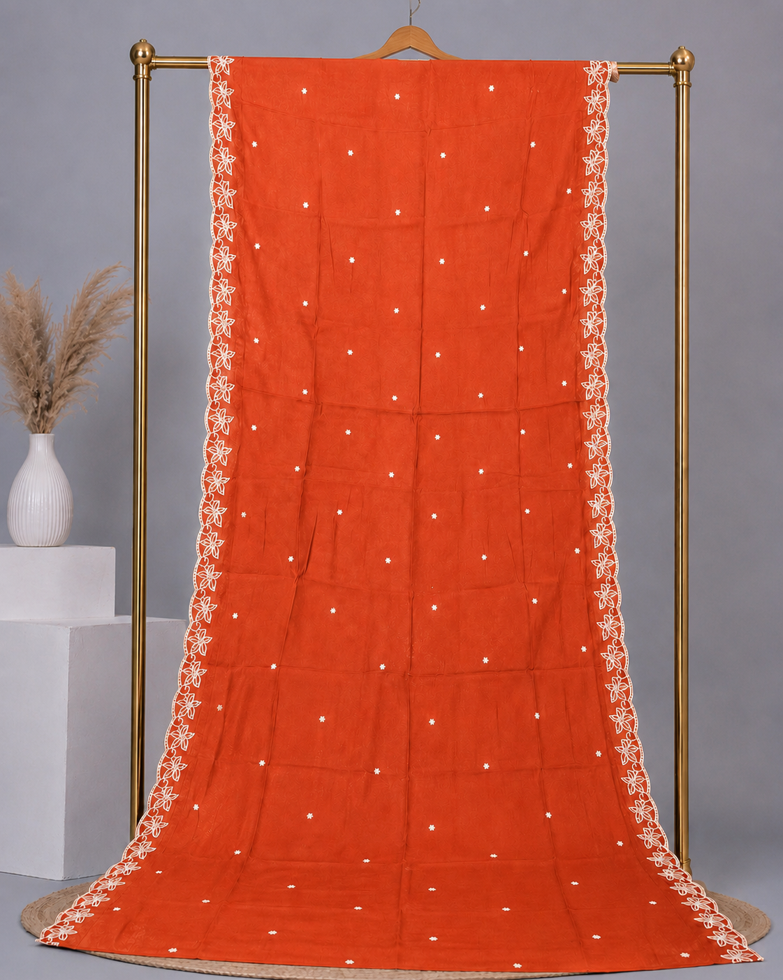 Floral Embroidered V-Neck Kurta Palazzo Set with Embroidered RustOrange Dupatta