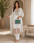 Women's White Multicolor Embroidered Straight Kurta Pant Set with Embroidered Organza Dupatta | Premium Festive & Ethnic Wear