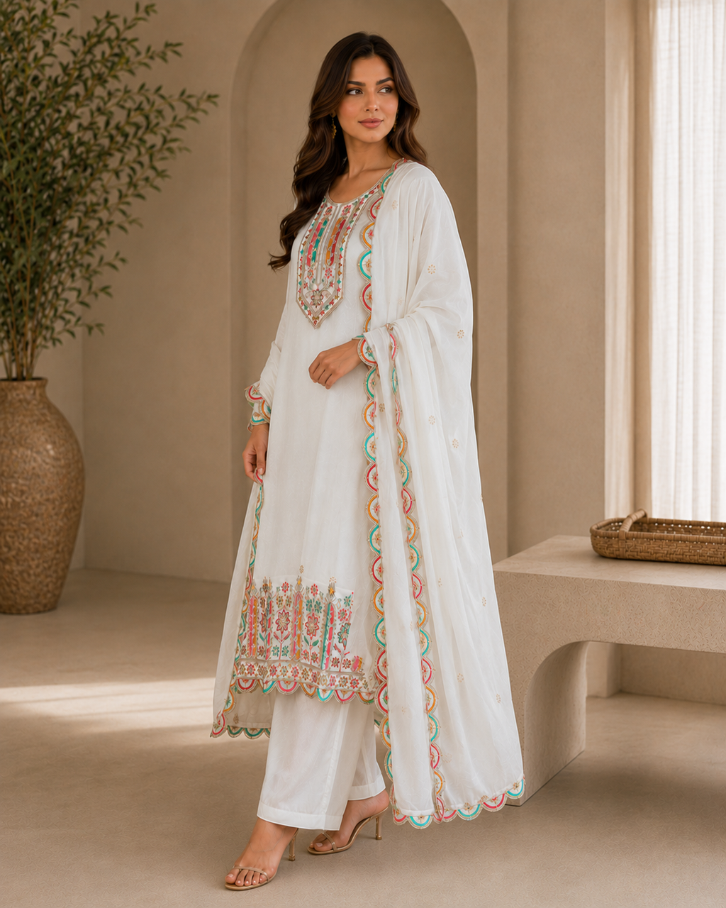 Women's White Multicolor Embroidered Straight Kurta Pant Set with Embroidered Organza Dupatta | Premium Festive & Ethnic Wear