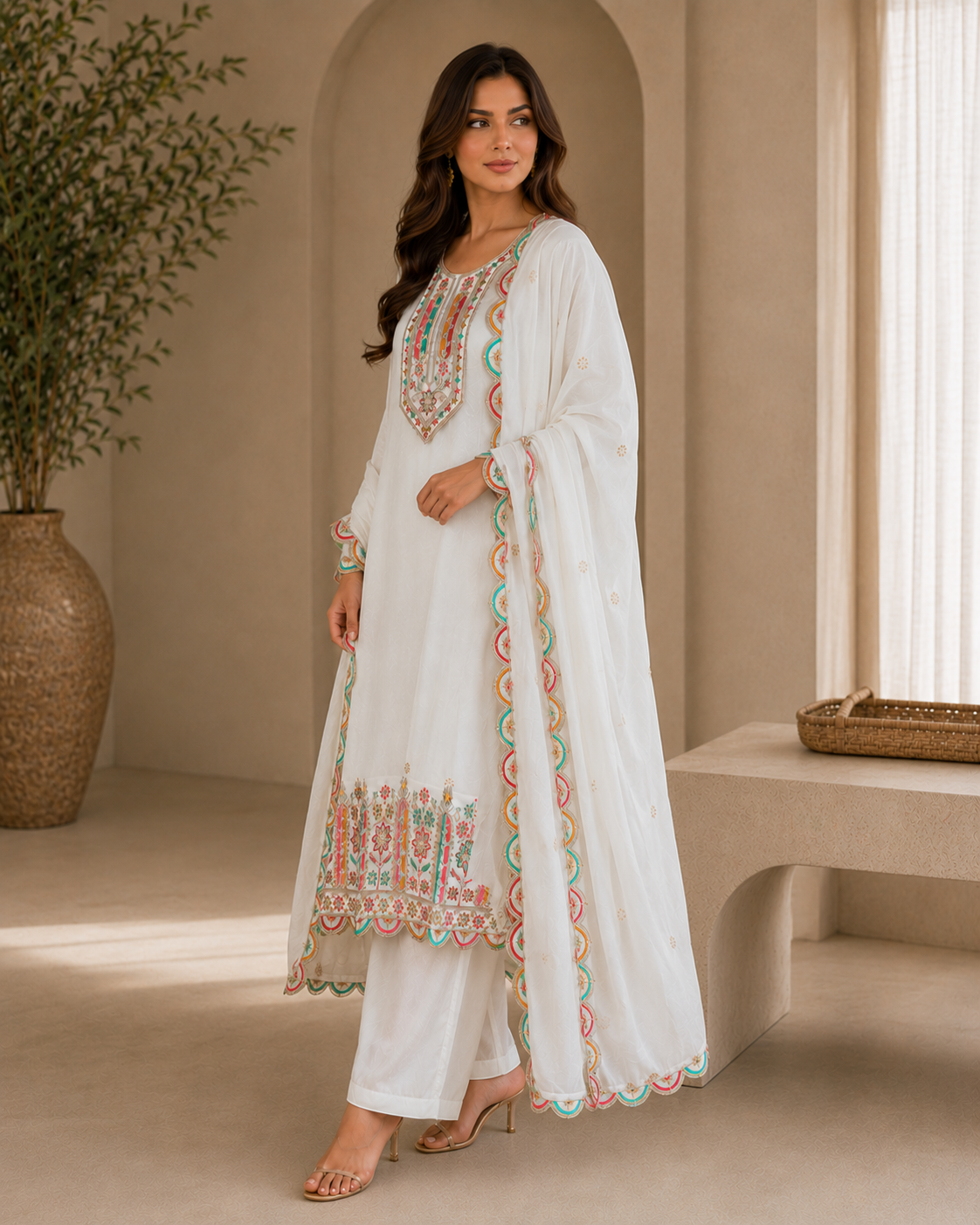 Women's White Multicolor Embroidered Straight Kurta Pant Set with Embroidered Organza Dupatta | Premium Festive & Ethnic Wear