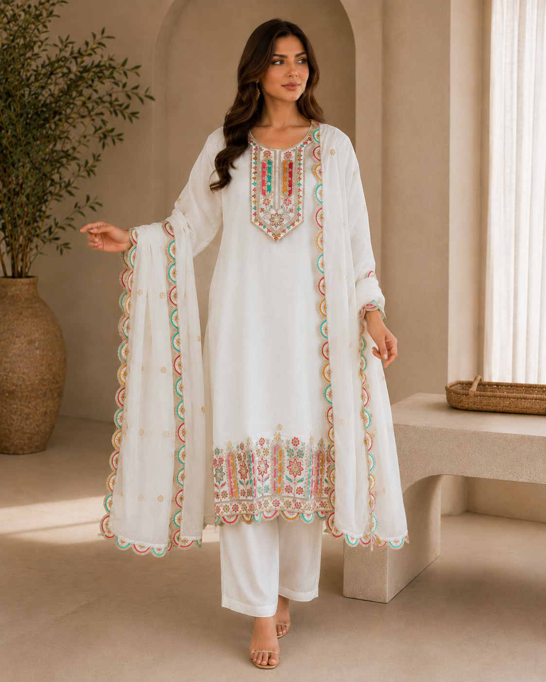 Women's White Multicolor Embroidered Straight Kurta Pant Set with Embroidered Organza Dupatta | Premium Festive & Ethnic Wear