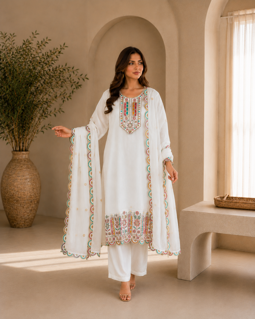 Women's White Multicolor Embroidered Straight Kurta Pant Set with Embroidered Organza Dupatta | Premium Festive & Ethnic Wear