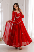 Women's Red Embroidered Anarkali Gown Set with Embroidered Chiffon Dupatta | Premium Festive & Wedding Wear