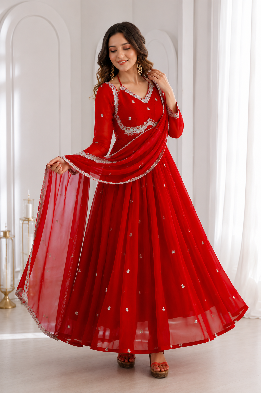 Women's Red Embroidered Anarkali Gown Set with Embroidered Chiffon Dupatta | Premium Festive & Wedding Wear