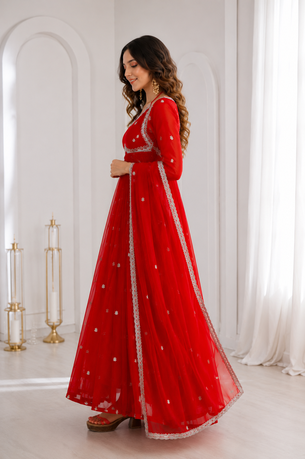 Women's Red Embroidered Anarkali Gown Set with Embroidered Chiffon Dupatta | Premium Festive & Wedding Wear
