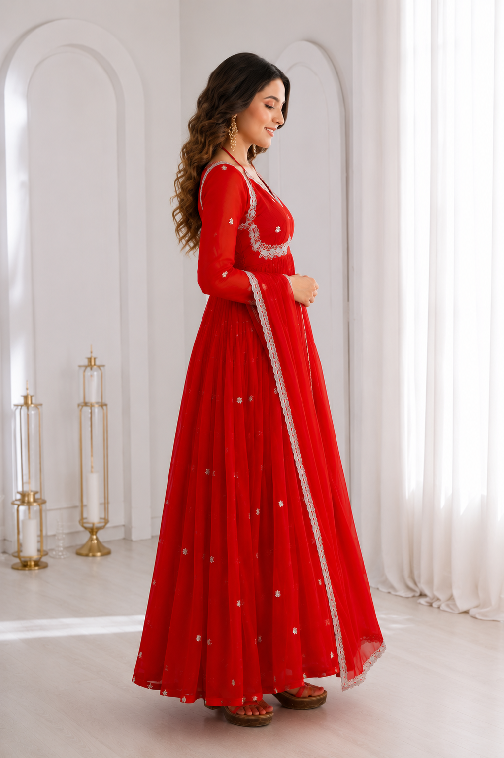 Women's Red Embroidered Anarkali Gown Set with Embroidered Chiffon Dupatta | Premium Festive & Wedding Wear