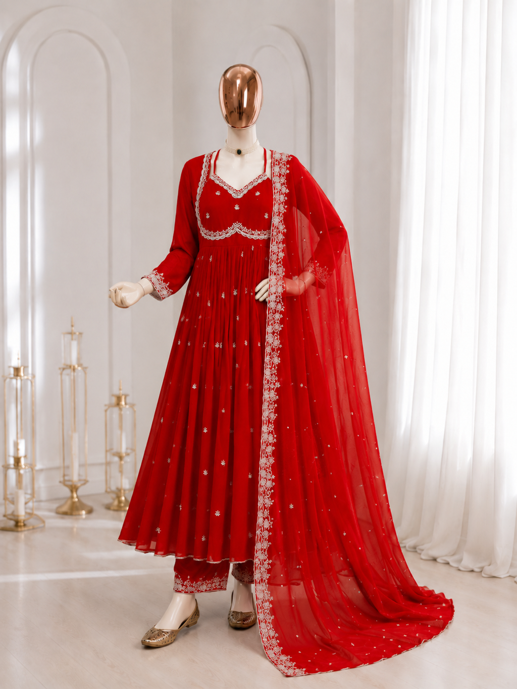 Women's Red Embroidered Anarkali Gown Set with Embroidered Chiffon Dupatta | Premium Festive & Wedding Wear