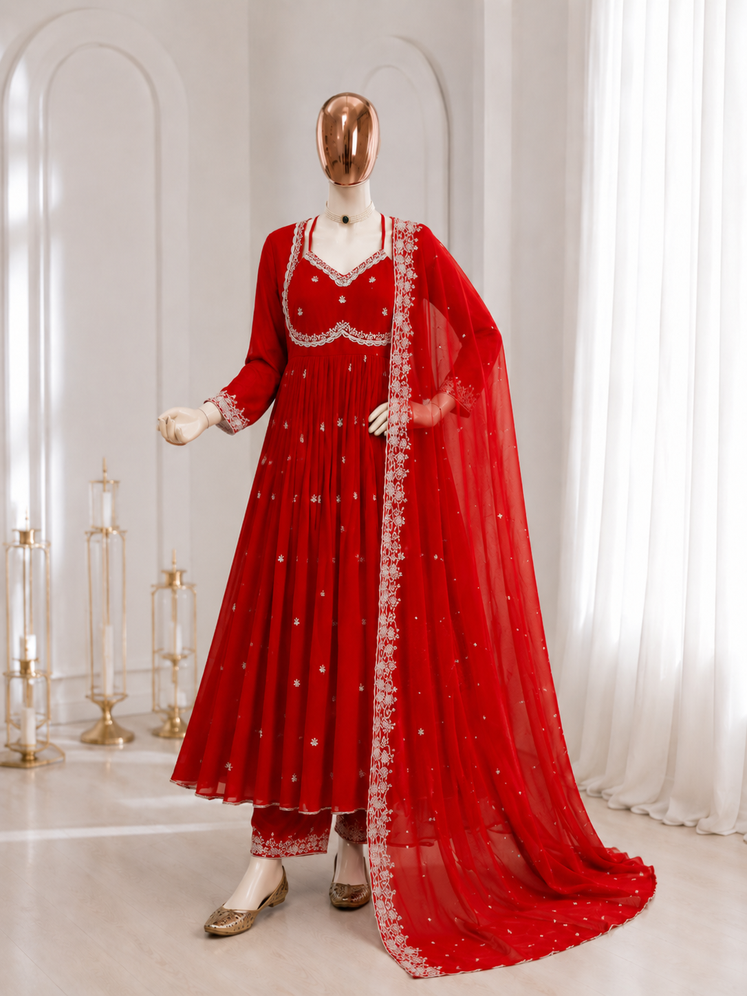 Women's Red Embroidered Anarkali Gown Set with Embroidered Chiffon Dupatta | Premium Festive & Wedding Wear