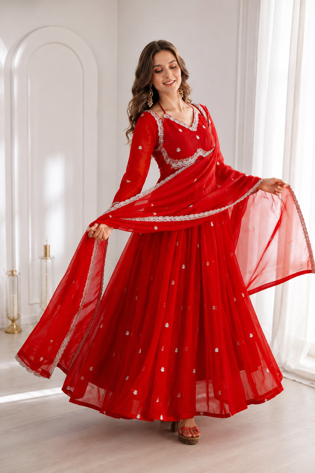 Women's Red Embroidered Anarkali Gown Set with Embroidered Chiffon Dupatta | Premium Festive & Wedding Wear