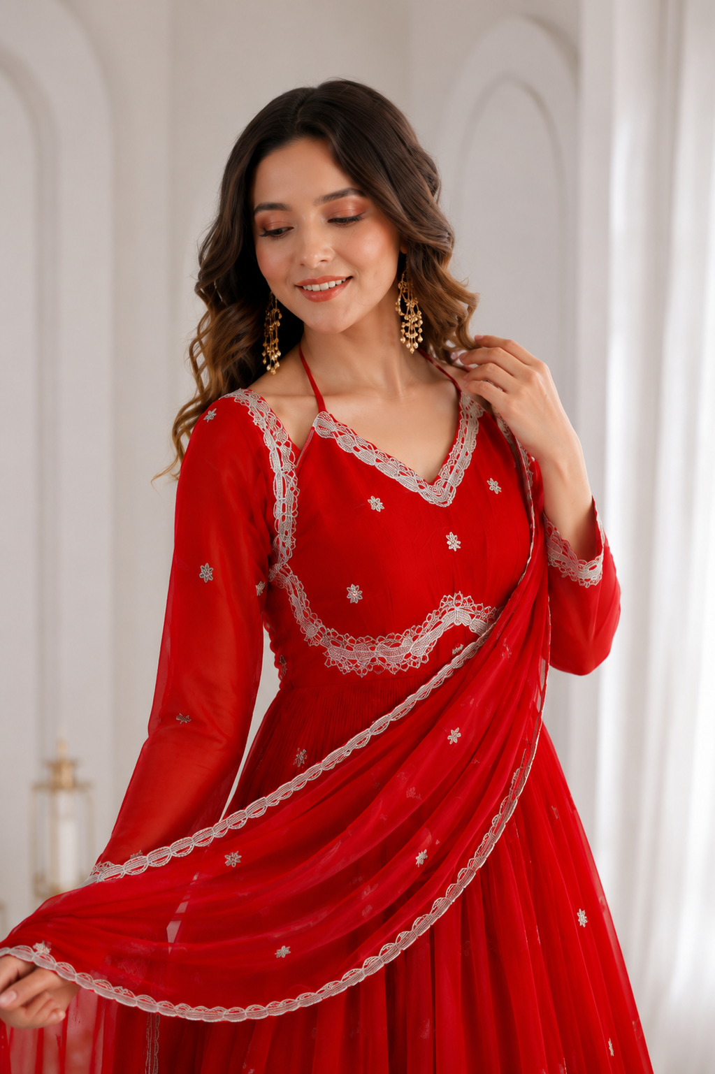 Women's Red Embroidered Anarkali Gown Set with Embroidered Chiffon Dupatta | Premium Festive & Wedding Wear