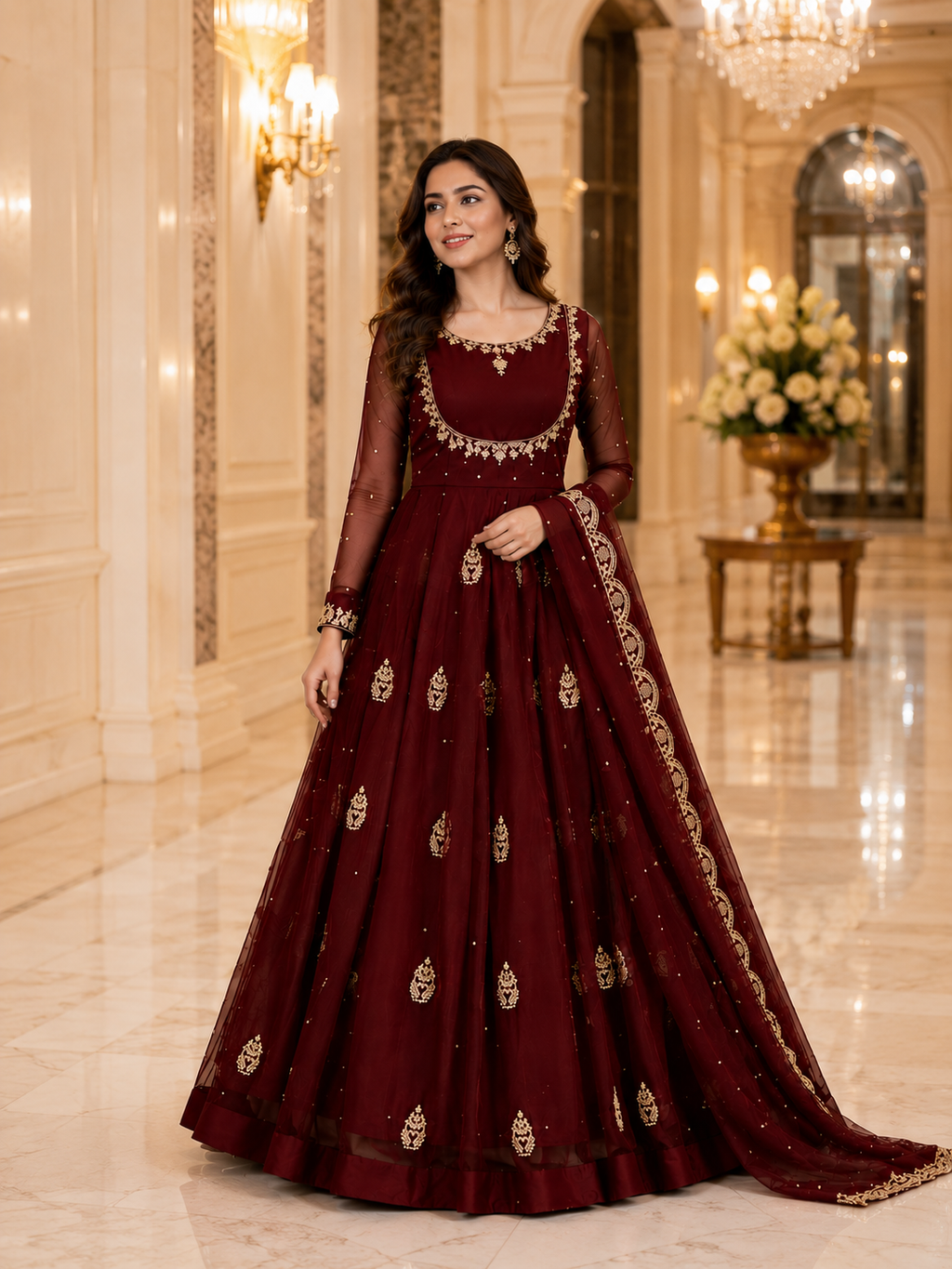 Women's Maroon Embroidered Anarkali Gown Set with Net Dupatta | Premium Festive & Wedding Wear