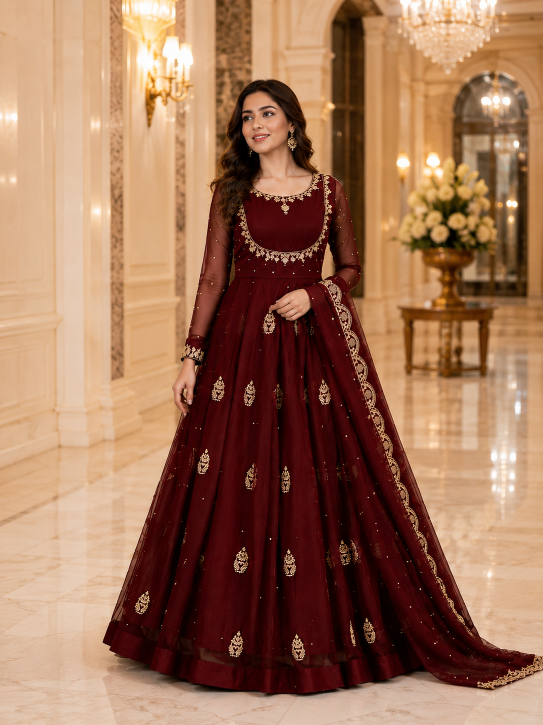 Women's Maroon Embroidered Anarkali Gown Set with Net Dupatta | Premium Festive & Wedding Wear