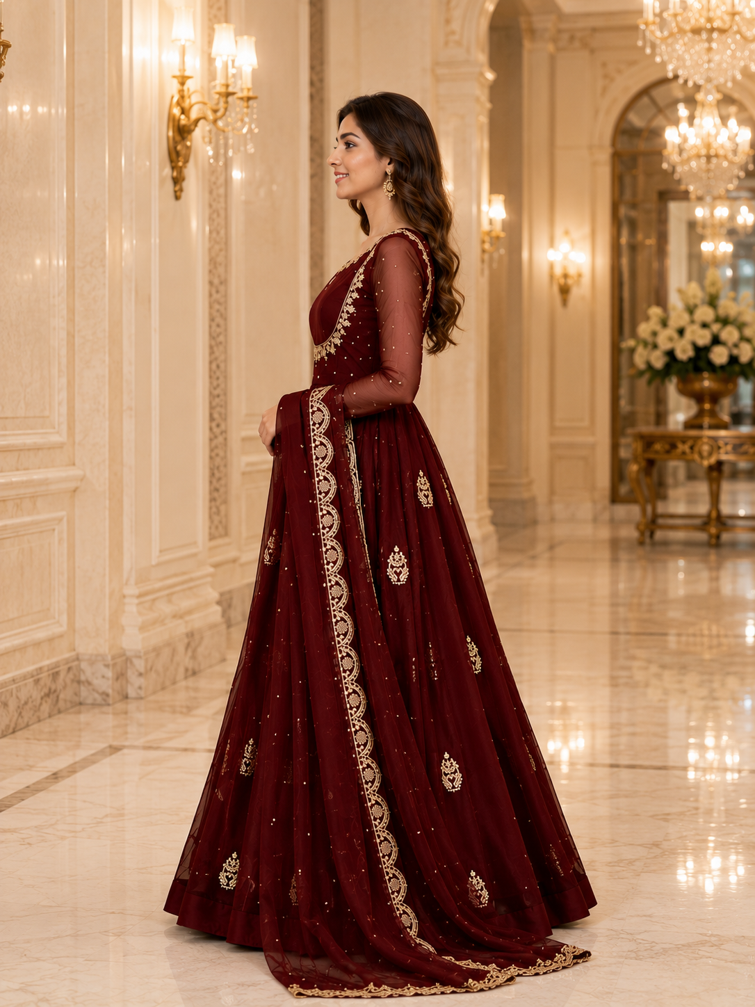 Women's Maroon Embroidered Anarkali Gown Set with Net Dupatta | Premium Festive & Wedding Wear