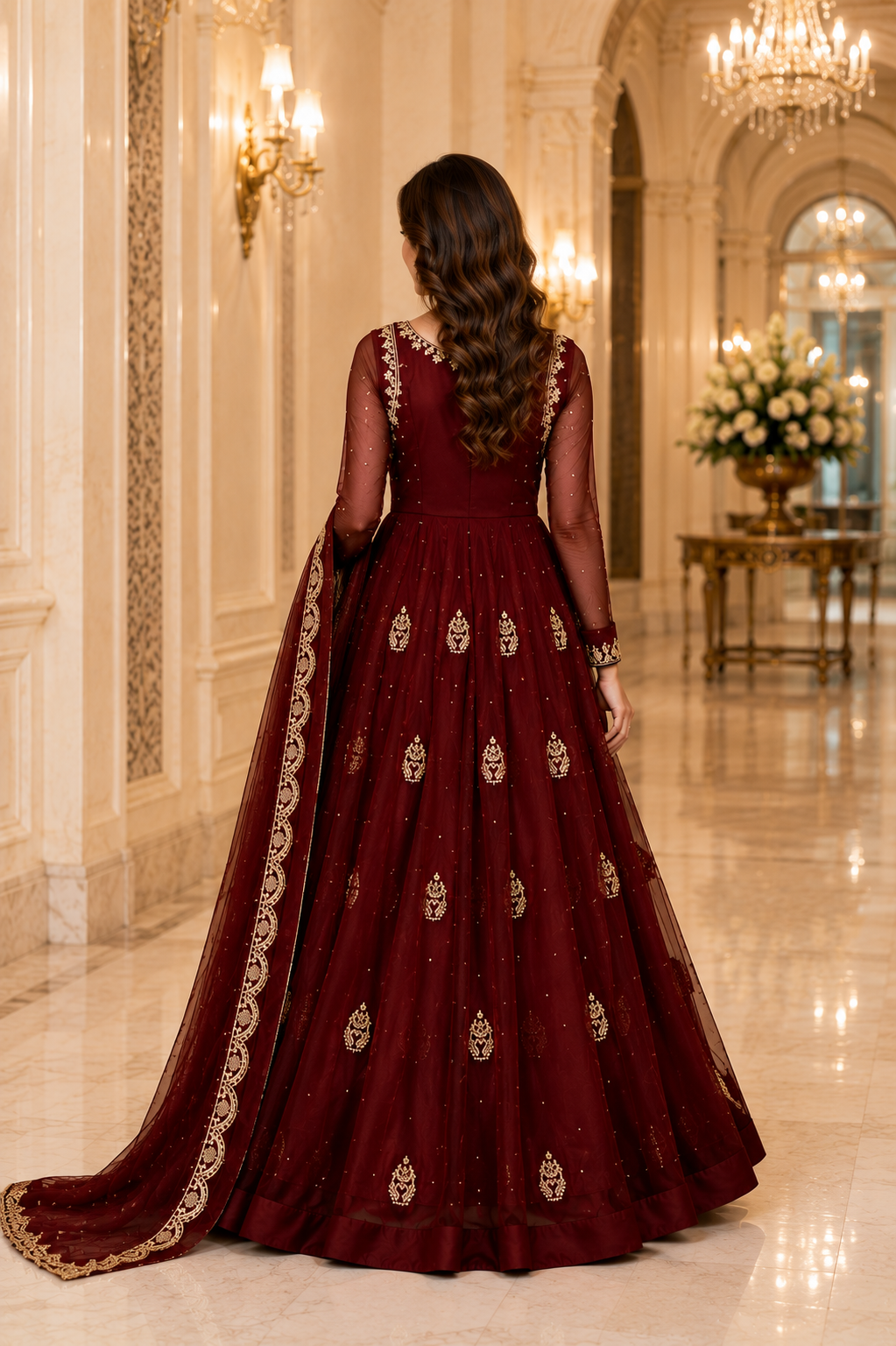 Women's Maroon Embroidered Anarkali Gown Set with Net Dupatta | Premium Festive & Wedding Wear