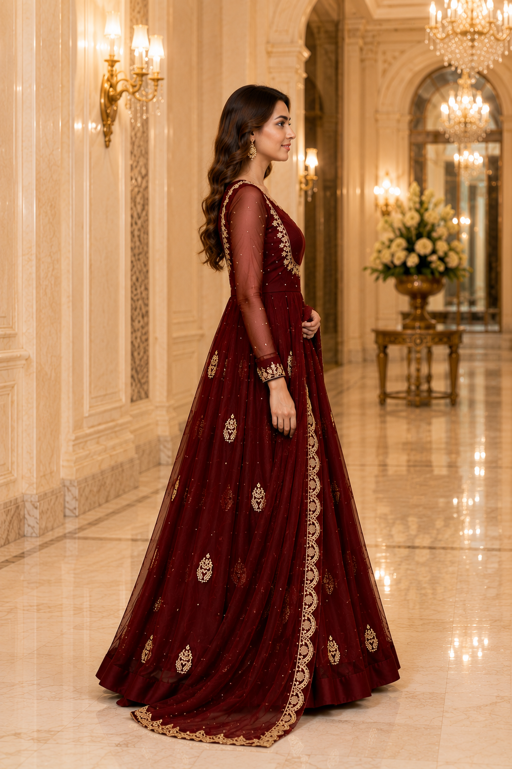 Women's Maroon Embroidered Anarkali Gown Set with Net Dupatta | Premium Festive & Wedding Wear