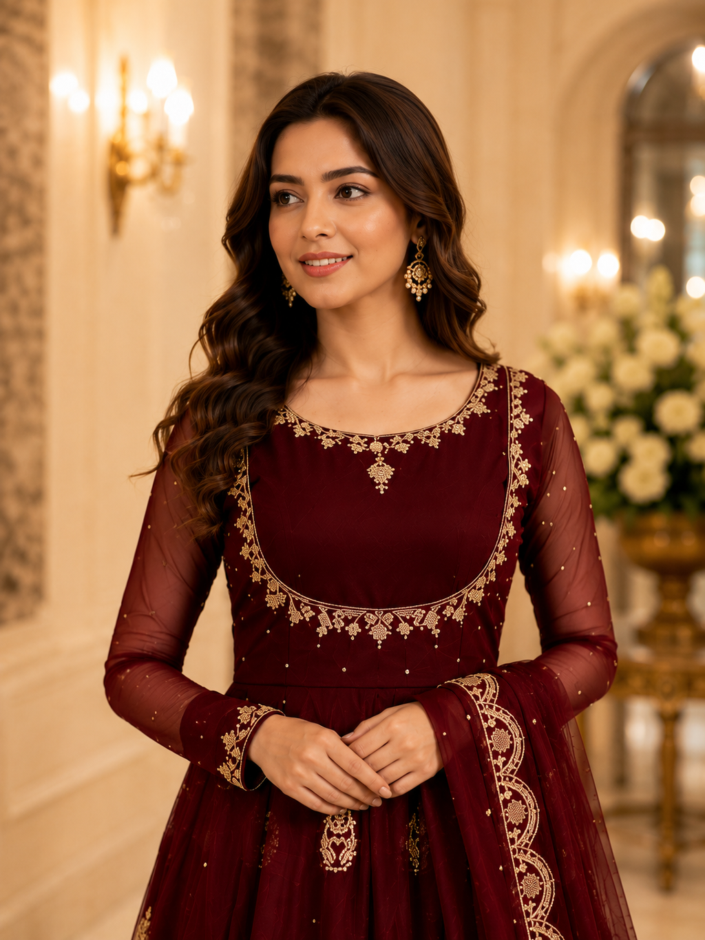 Women's Maroon Embroidered Anarkali Gown Set with Net Dupatta | Premium Festive & Wedding Wear
