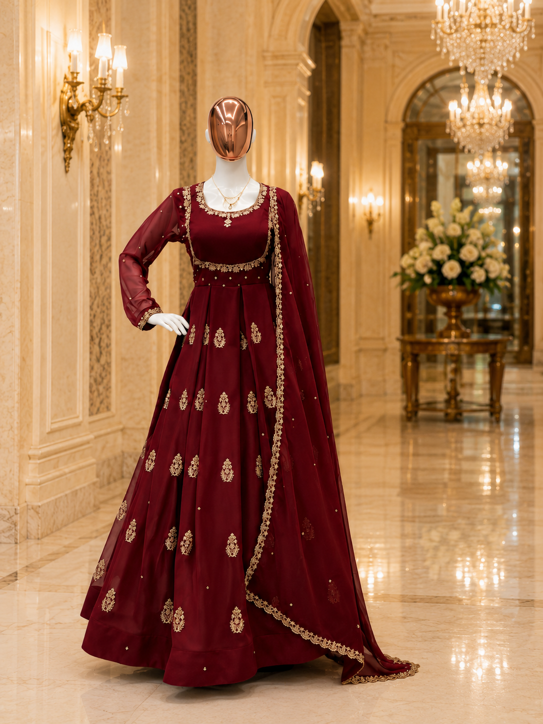 Women's Maroon Embroidered Anarkali Gown Set with Net Dupatta | Premium Festive & Wedding Wear