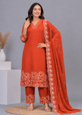Floral Embroidered V-Neck Kurta Palazzo Set with Embroidered RustOrange Dupatta