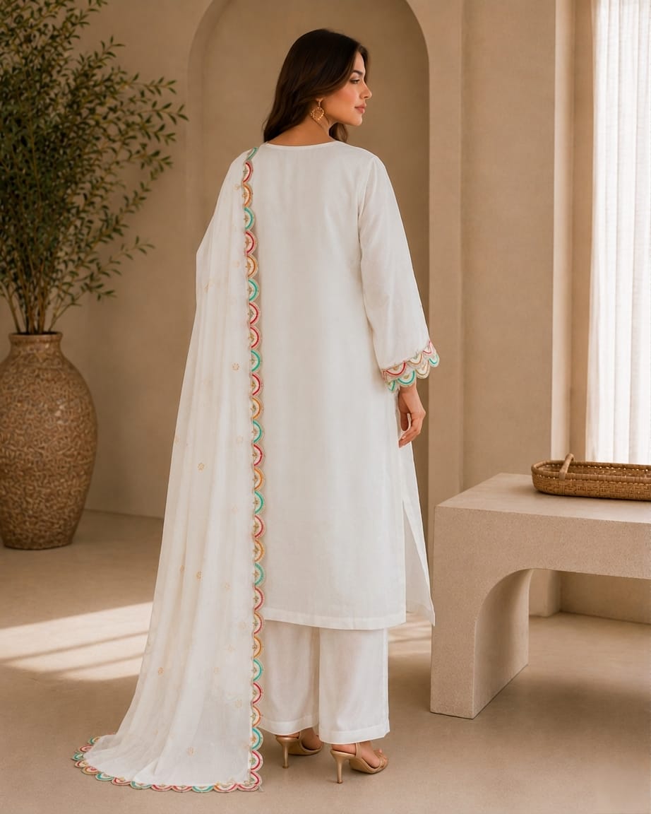 Women's White Multicolor Embroidered Straight Kurta Pant Set with Embroidered Organza Dupatta | Premium Festive & Ethnic Wear